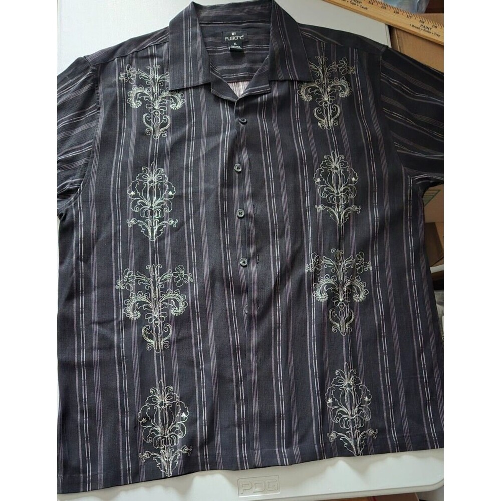 Fusione Mens XL Short Sleeve Silk Button Up Shirt Black Pinstripe Embroidered